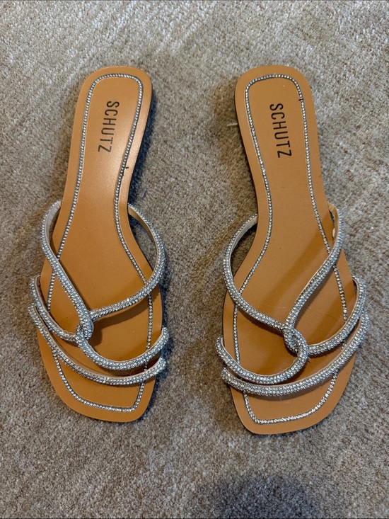 SCHUTZ Shoes - SCHUTZ Silver Rhinestone Knot Slide Sandals - Tan Footbed